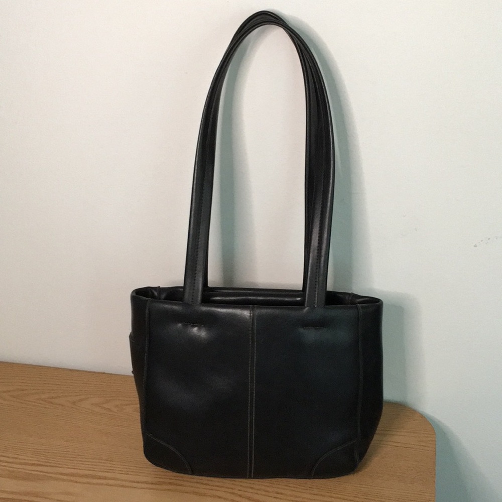 Womens Rossetti Handbag Purse Faux Heavy Leather Lots Pockets Black Size 12”x9”